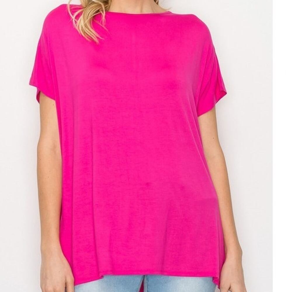 Fuchsia Hot Pink Boat Neck Short Sleeve Top